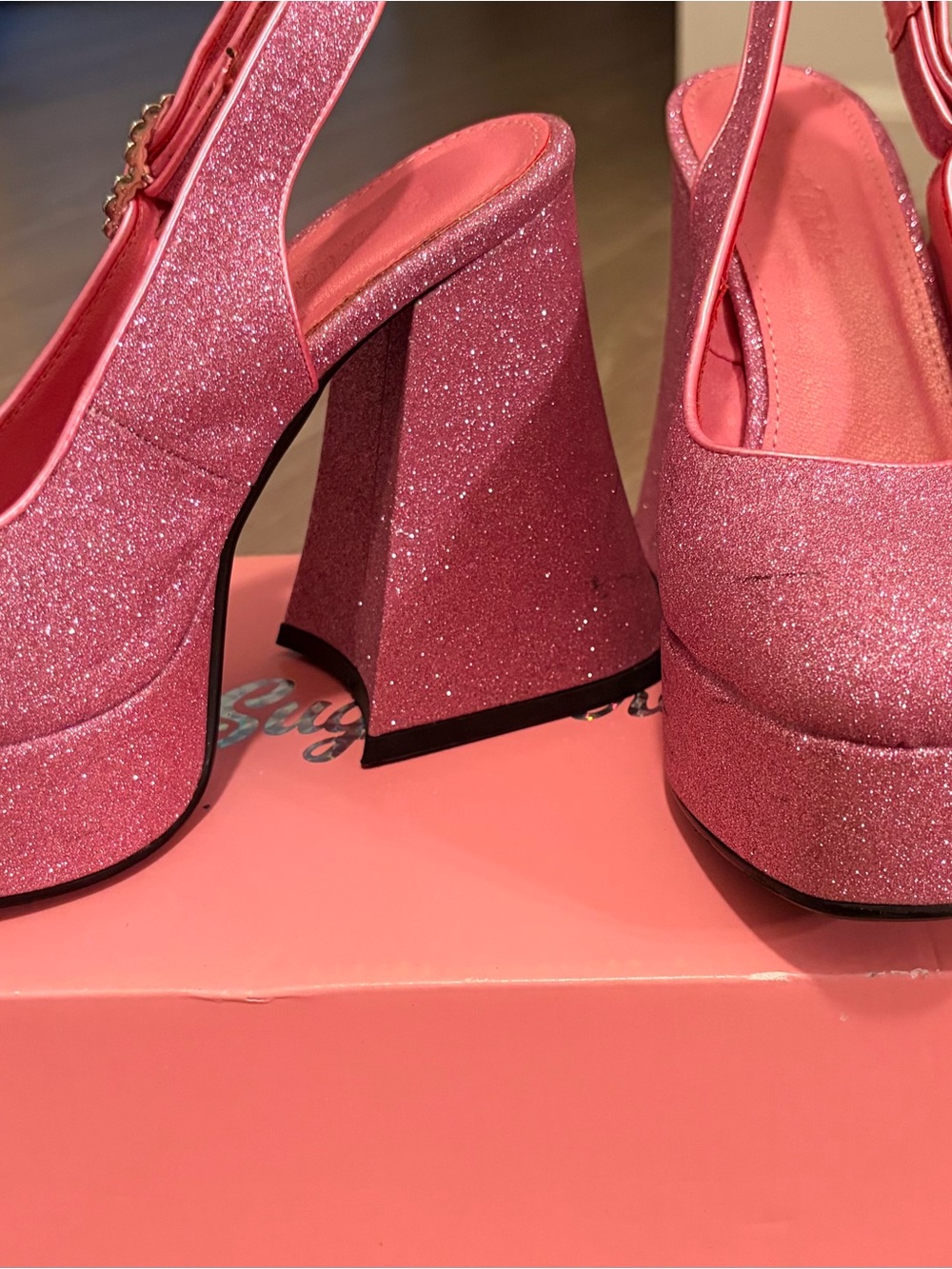 Sugar Thrillz Sparkly Pink Platform Slingback Heels